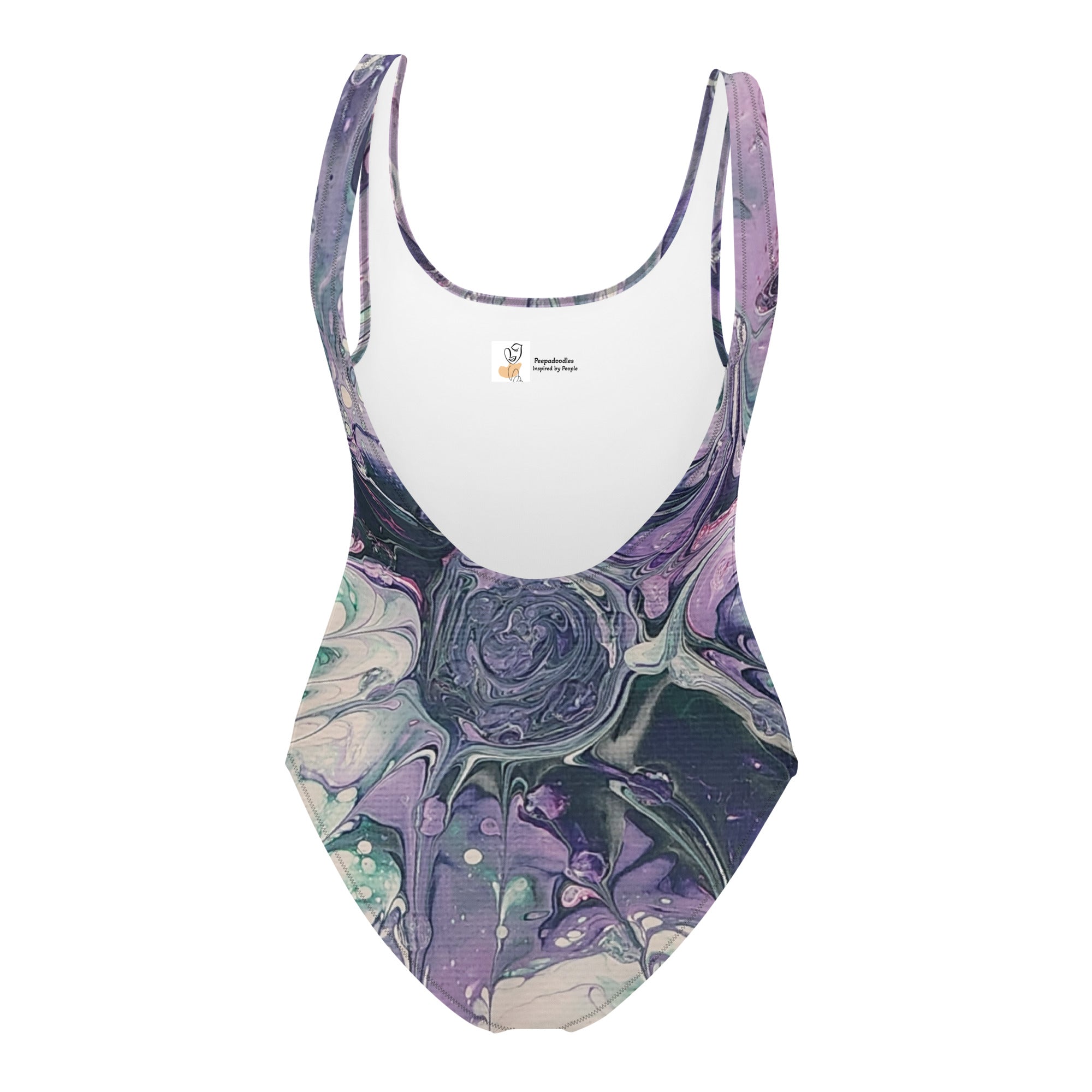 One-piece swimsuit with a floral pattern on a white background