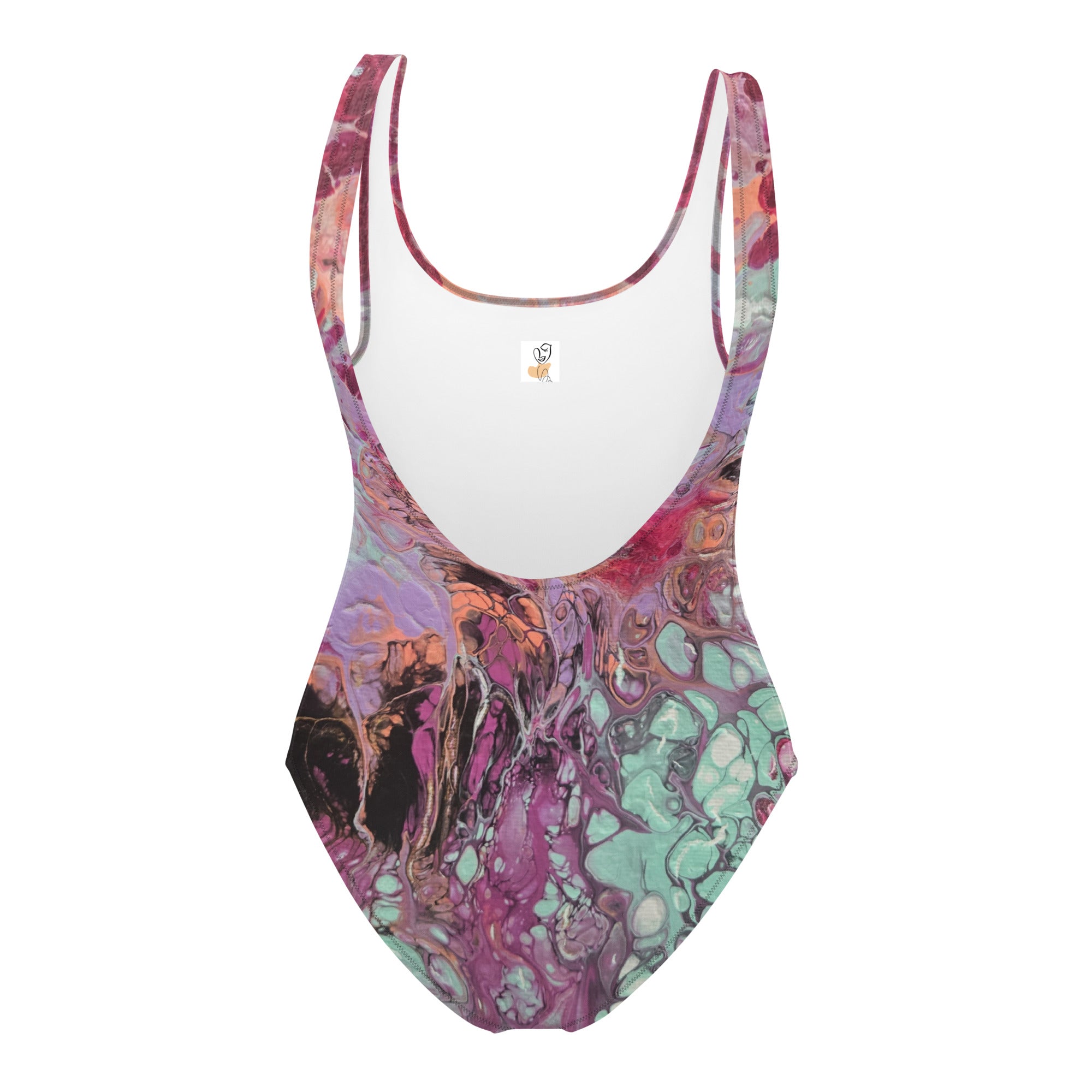 Colorful one-piece swimsuit with abstract pattern on a white background