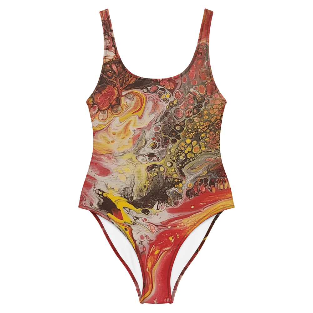 One-piece swimsuit with abstract multicolor design on a white background