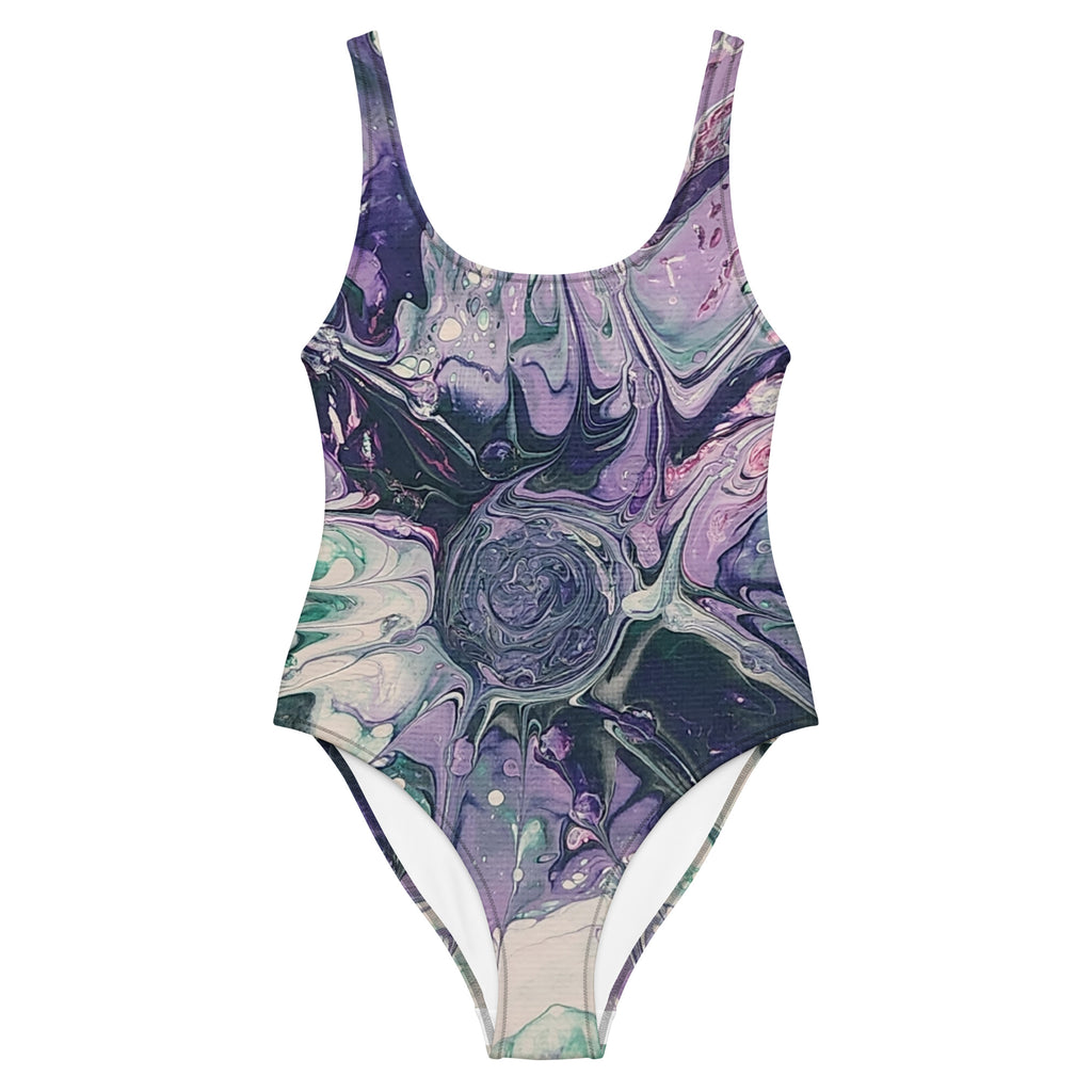 One-piece swimsuit with a marbled purple and green pattern on a white background