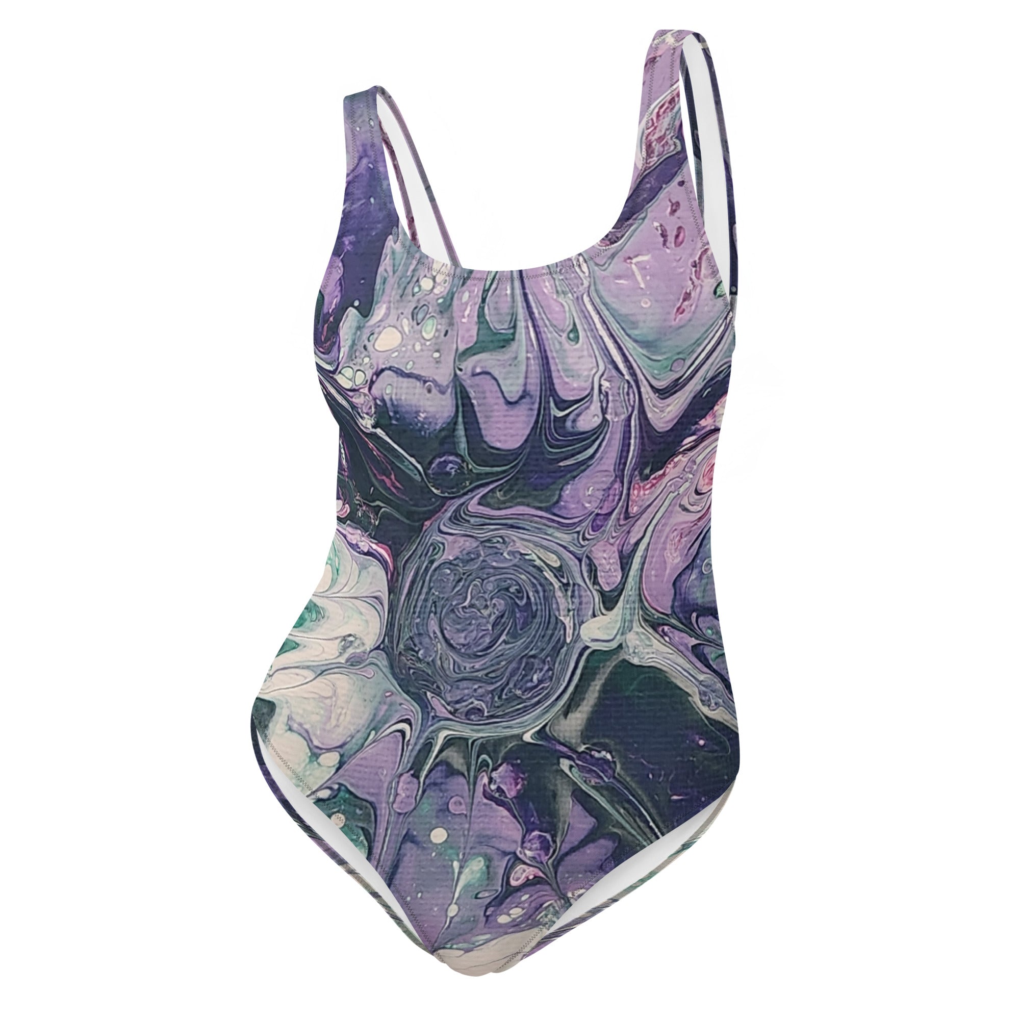 Marbled purple and green swimsuit on a white background