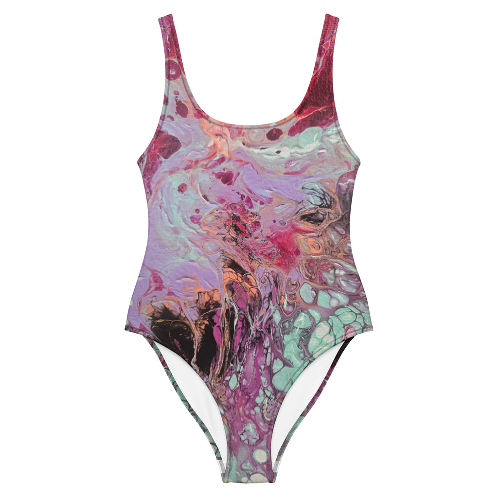 Multicolored swimsuit with abstract design on a white background