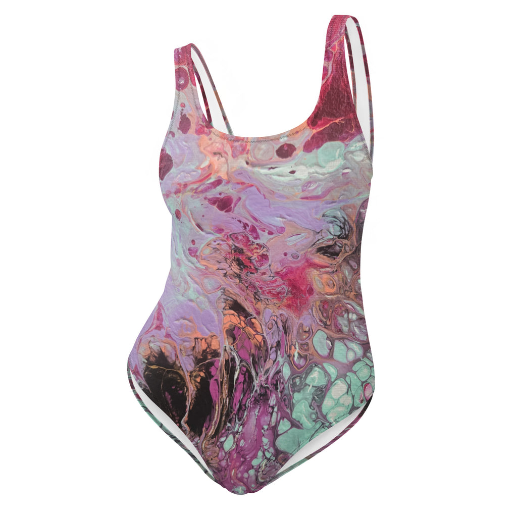 Multicolored swimsuit with abstract design on a white background