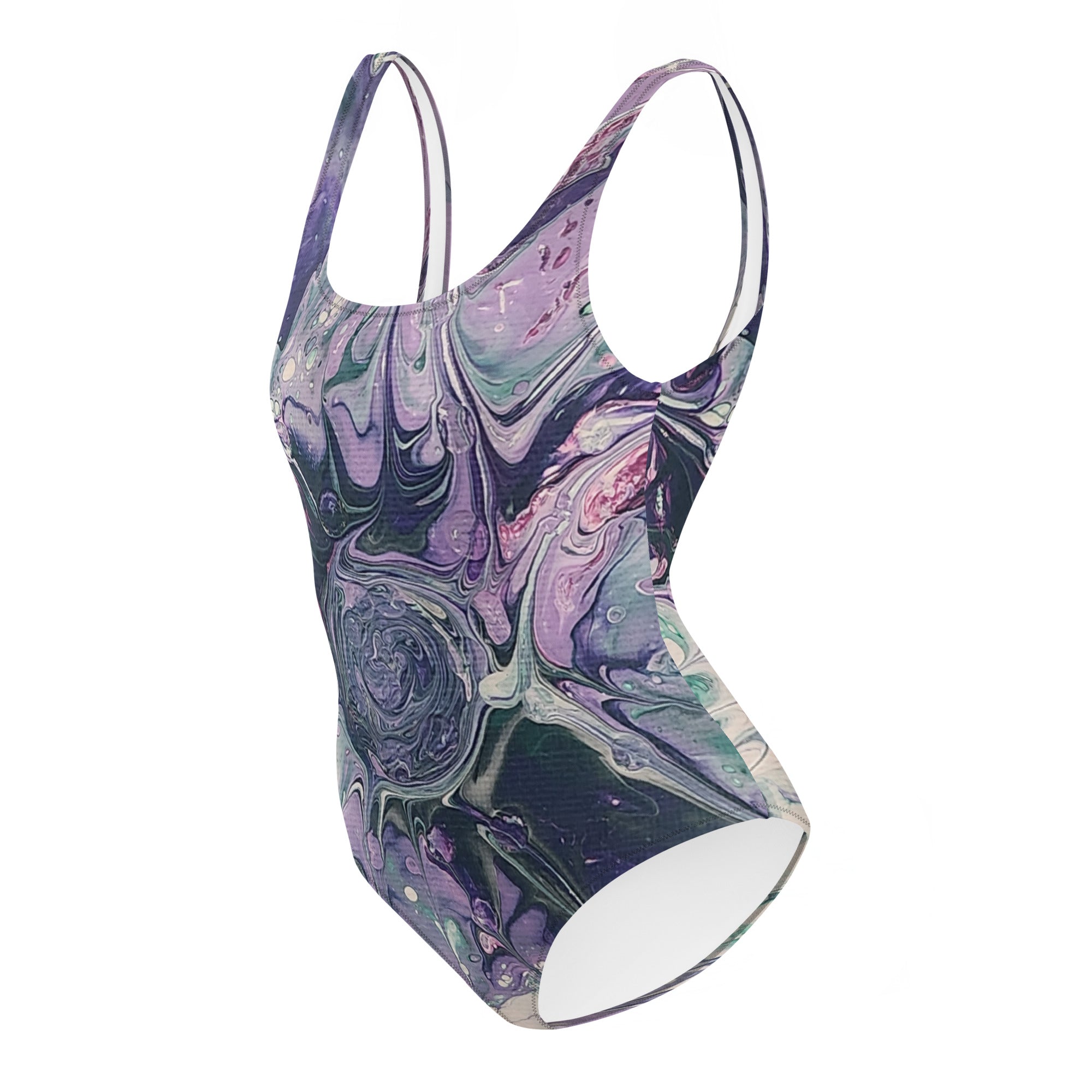 One-piece swimsuit with a marbled design on a white background