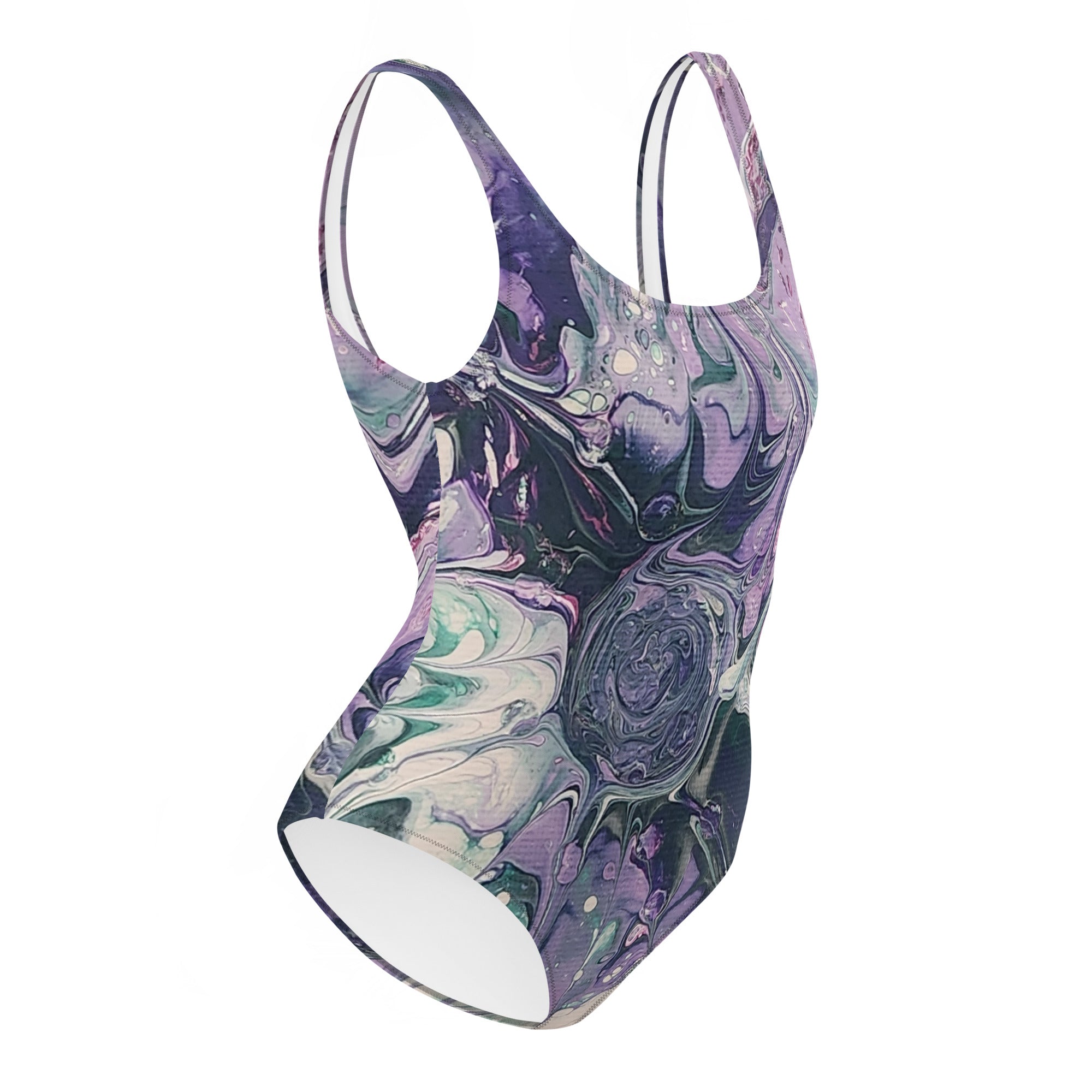 Marbled purple and green swimsuit on a white background