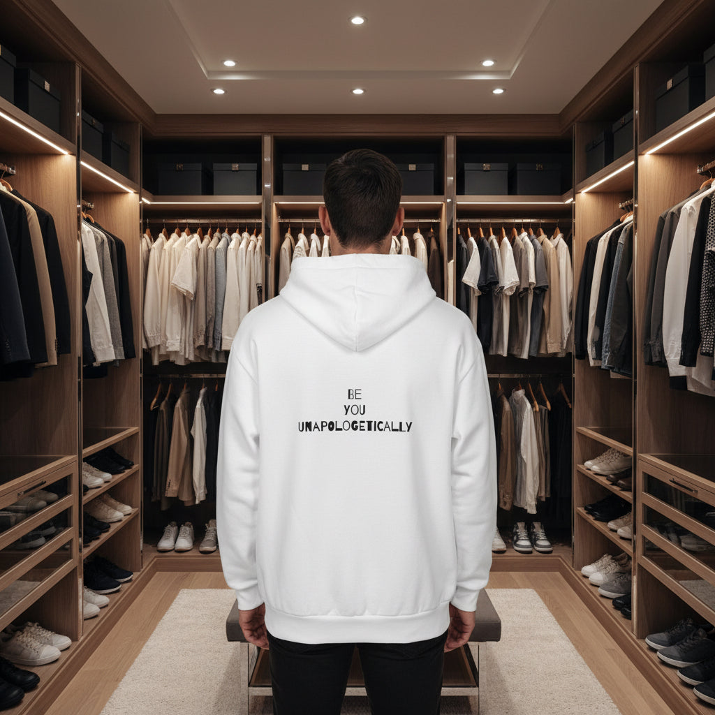 backside a young man standing in a closet wearing a hoodie