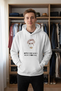 front view of a young man weqaring a novelty hoodie while standing in a closet