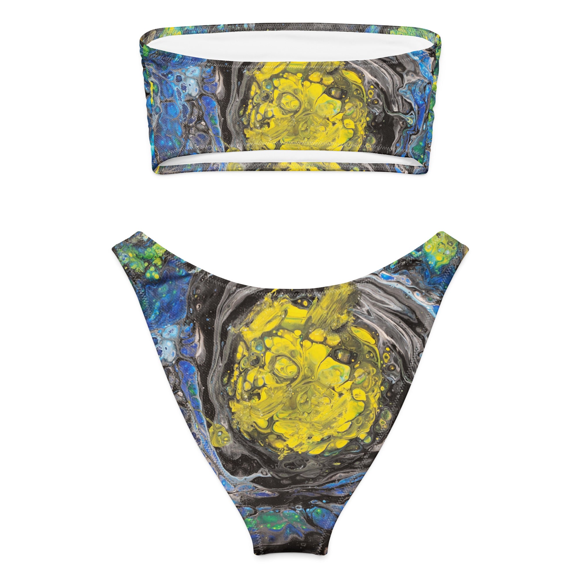 Bikini set with abstract design featuring yellow and blue patterns on a white background
