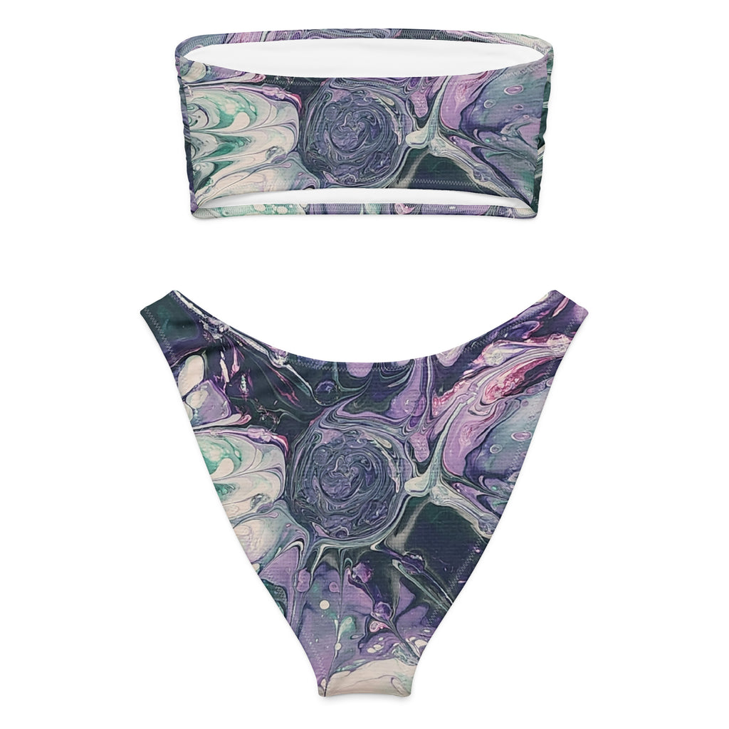 Marbled purple and green bikini set on a white background