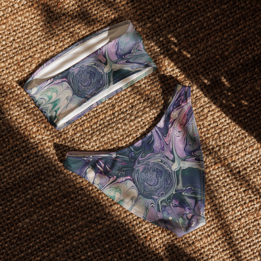 colorful bandeau bikini on a tan background