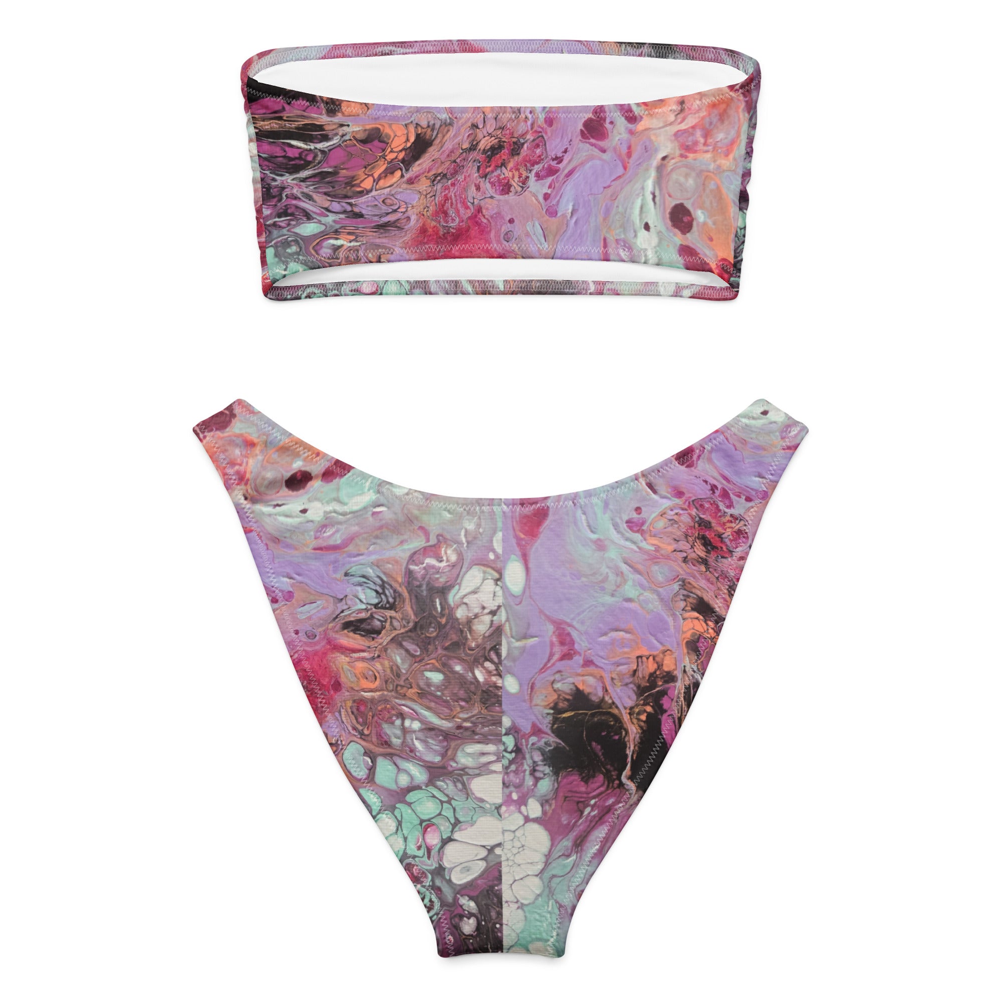 Colorful abstract-patterned bikini set on a white background