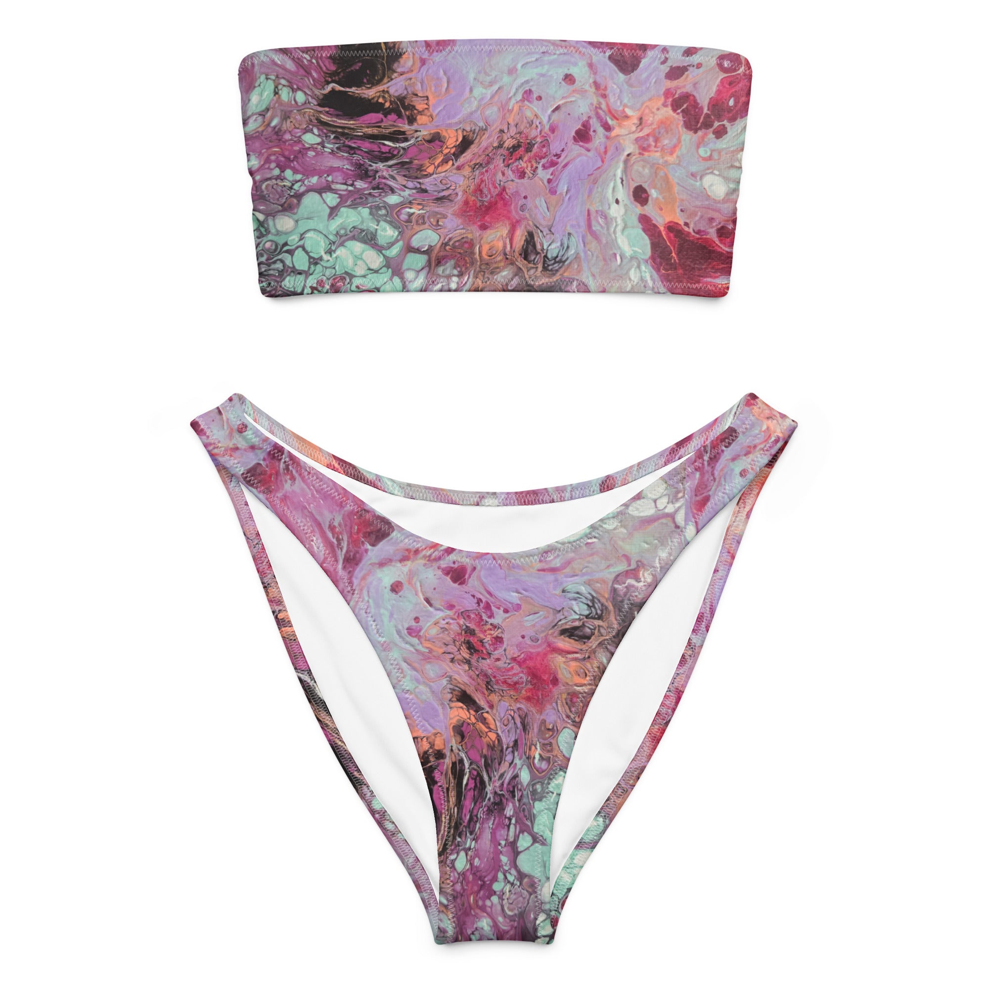 Multicolored marbled bikini set on a white background