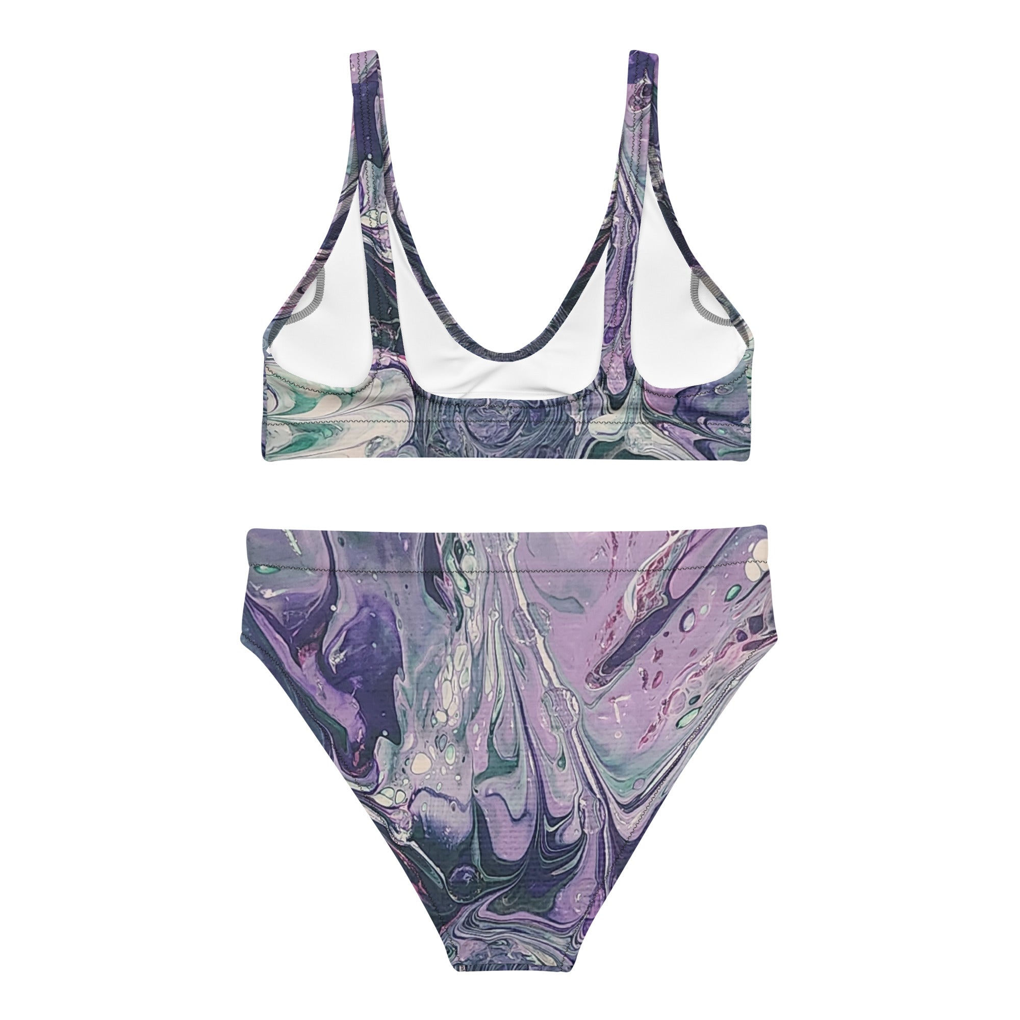 Marbled purple and green bikini set on a white background