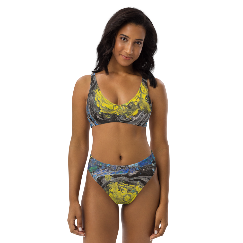 Woman wearing a colorful bikini set on a white background