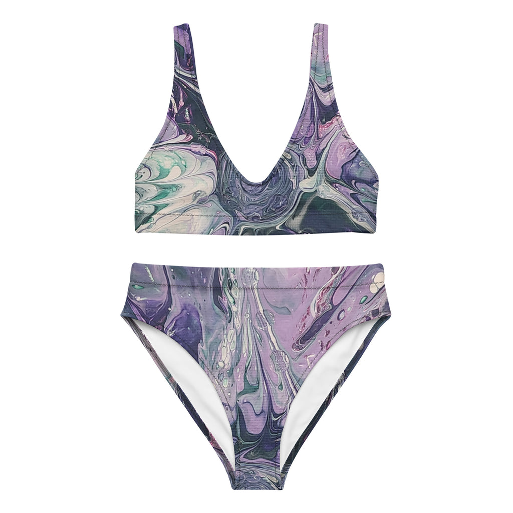 Marbled purple and green bikini set on a white background