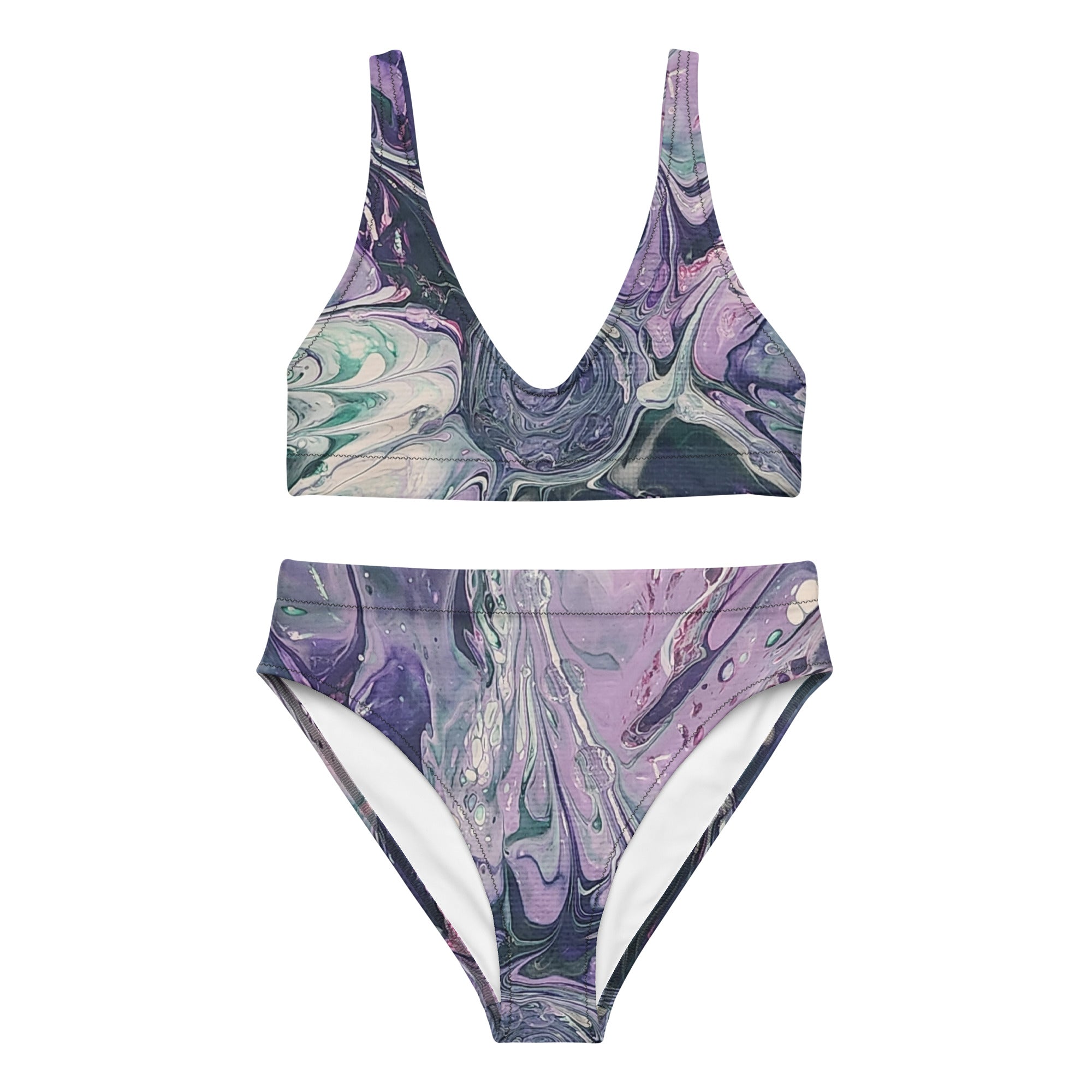 Marbled purple and green bikini set on a white background