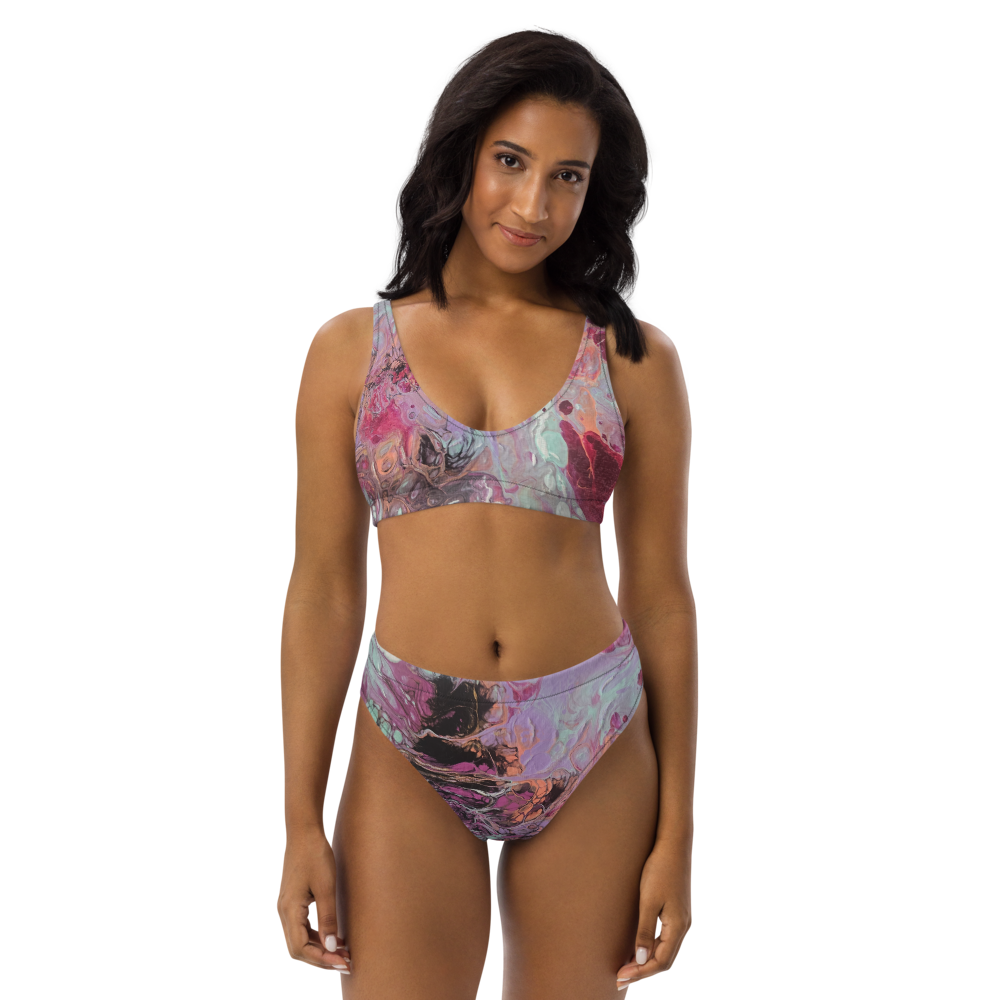 Woman wearing a floral bikini set on a white background