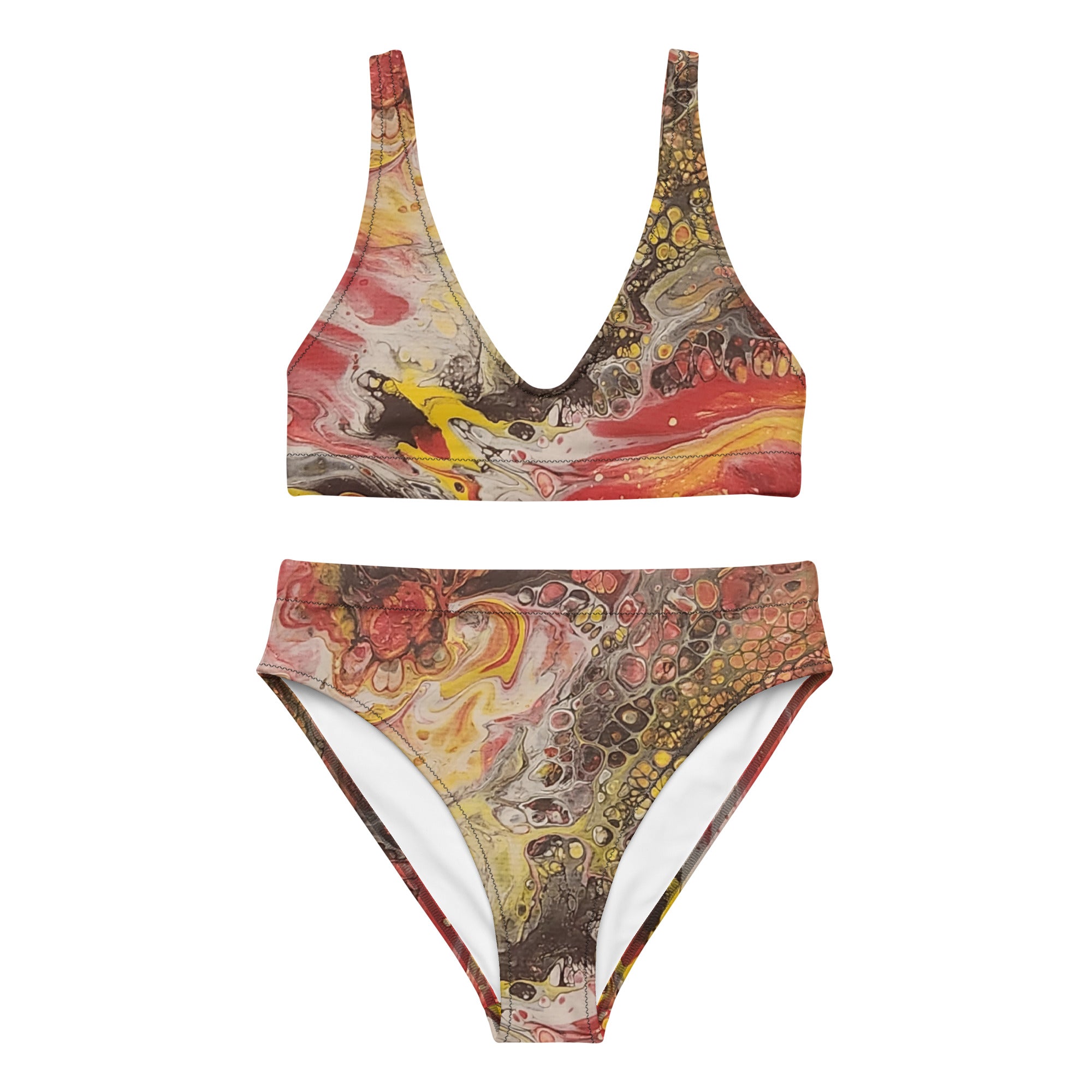 Colorful bikini set with abstract pattern on a white background