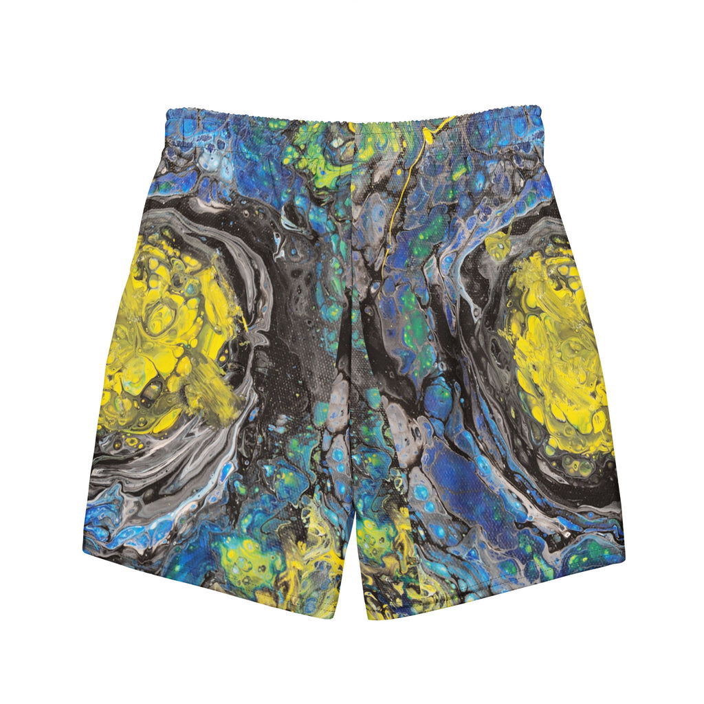 Colorful abstract patterned shorts on a white background
