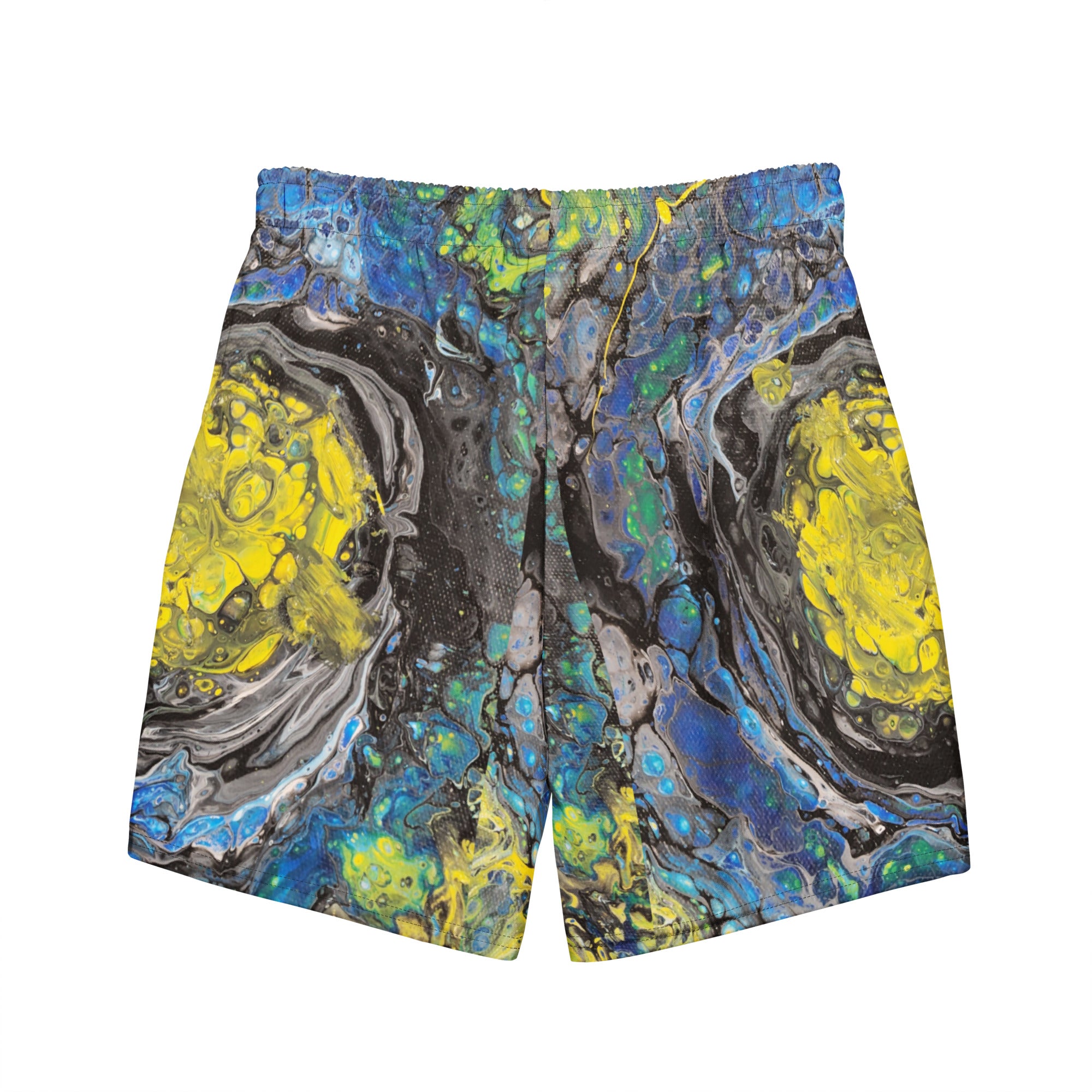 Colorful abstract patterned shorts on a white background