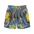 Colorful abstract patterned shorts on a white background