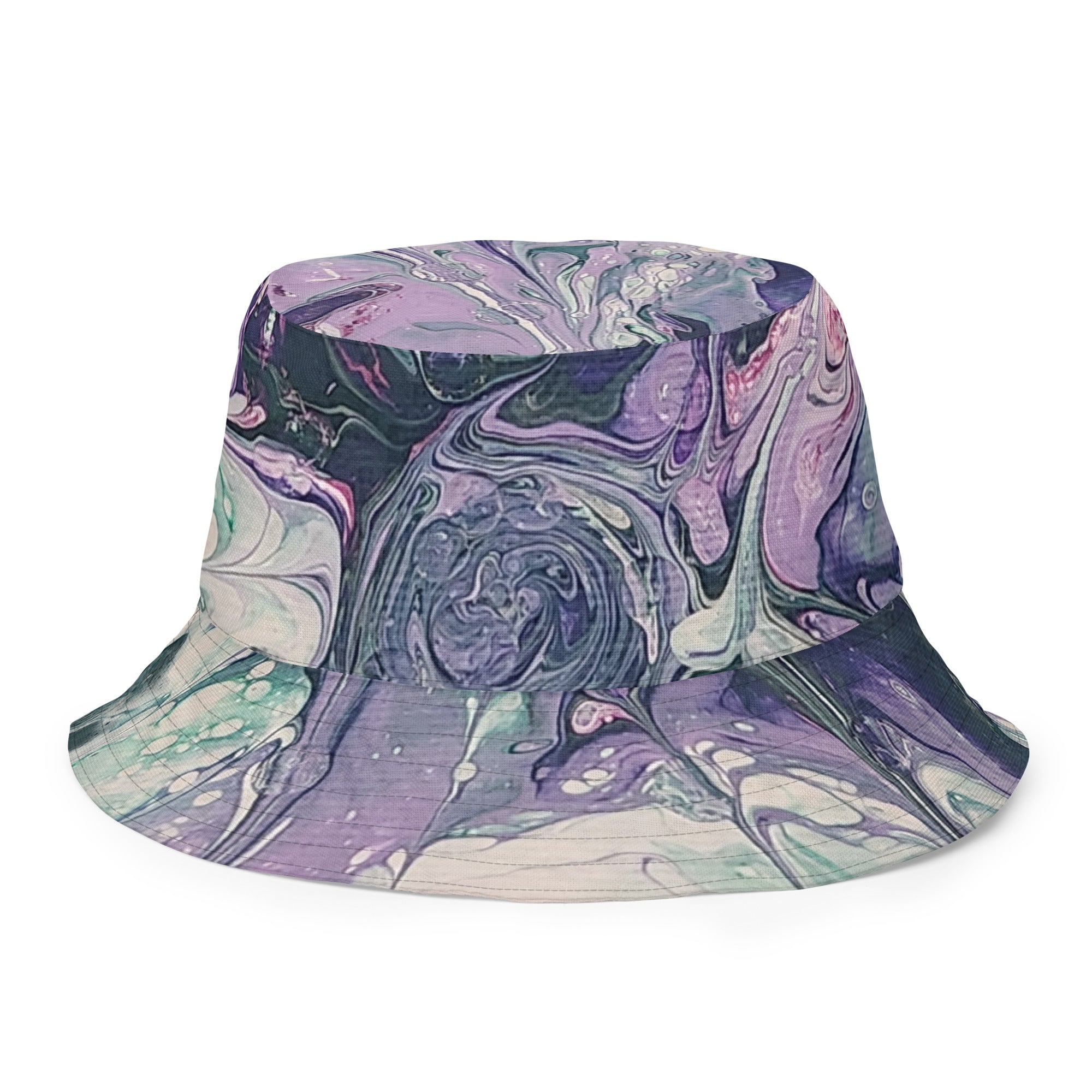 Marbled bucket hat with purple and green patterns on a white background