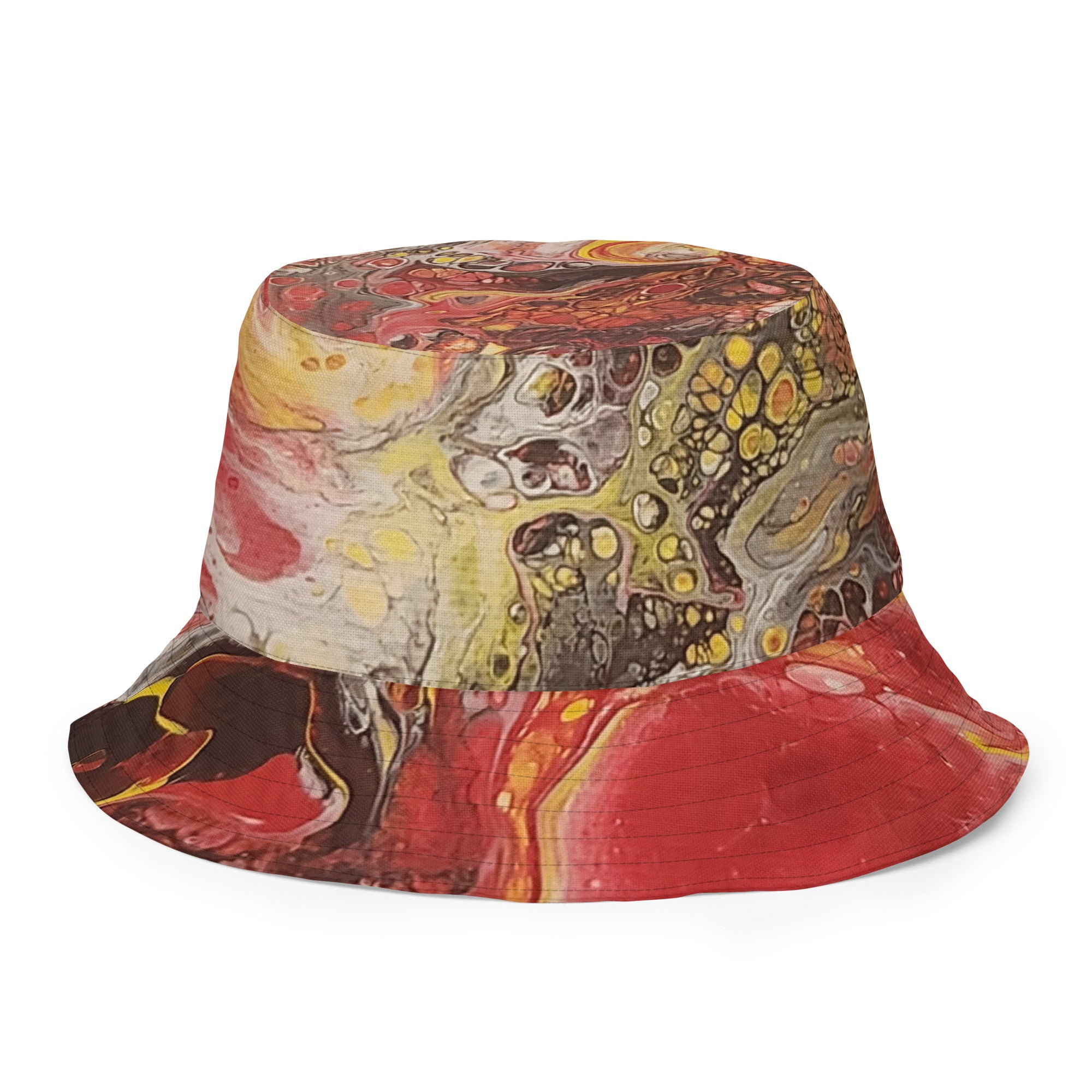 Colorful bucket hat with abstract design on a white background