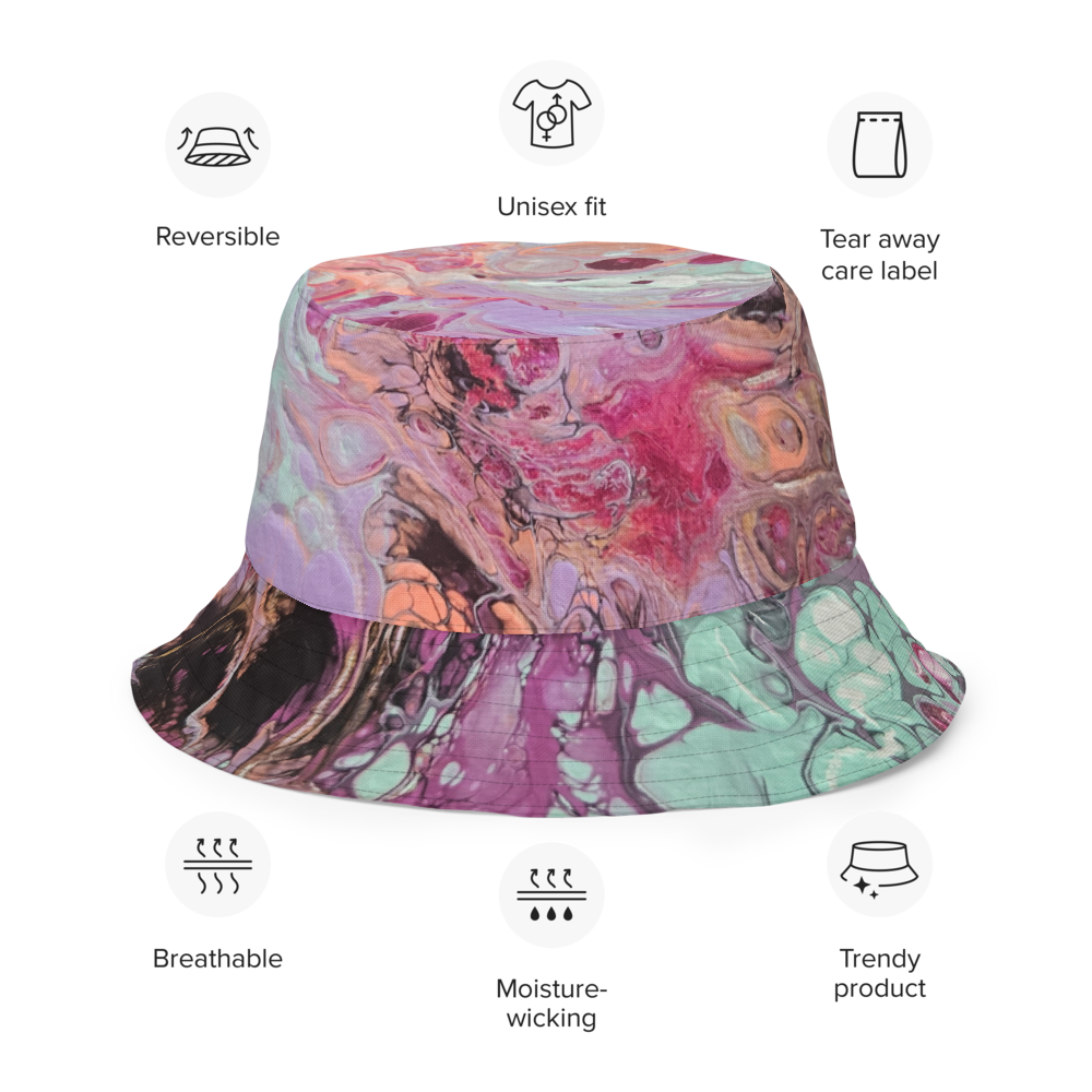 Colorful bucket hat with reversible design on a white background, featuring icons and text about product features.