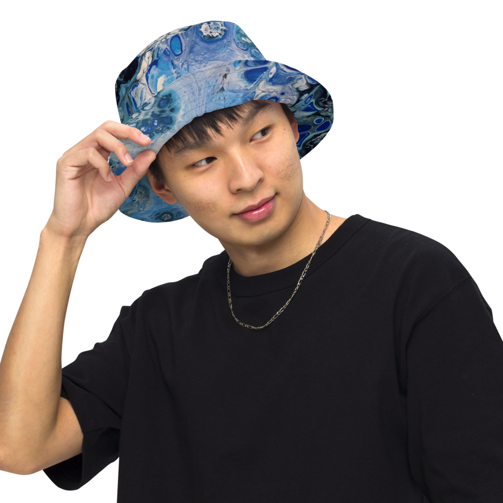 Person wearing a blue patterned hat on a transparent background