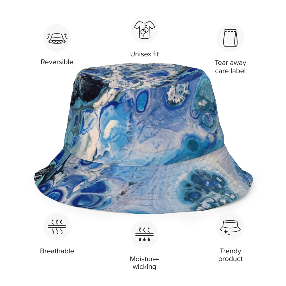 Blue marbled bucket hat with icons representing product categories on a white background