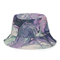 Bucket hat with a marbled pattern in purple, green, and pink on a white background