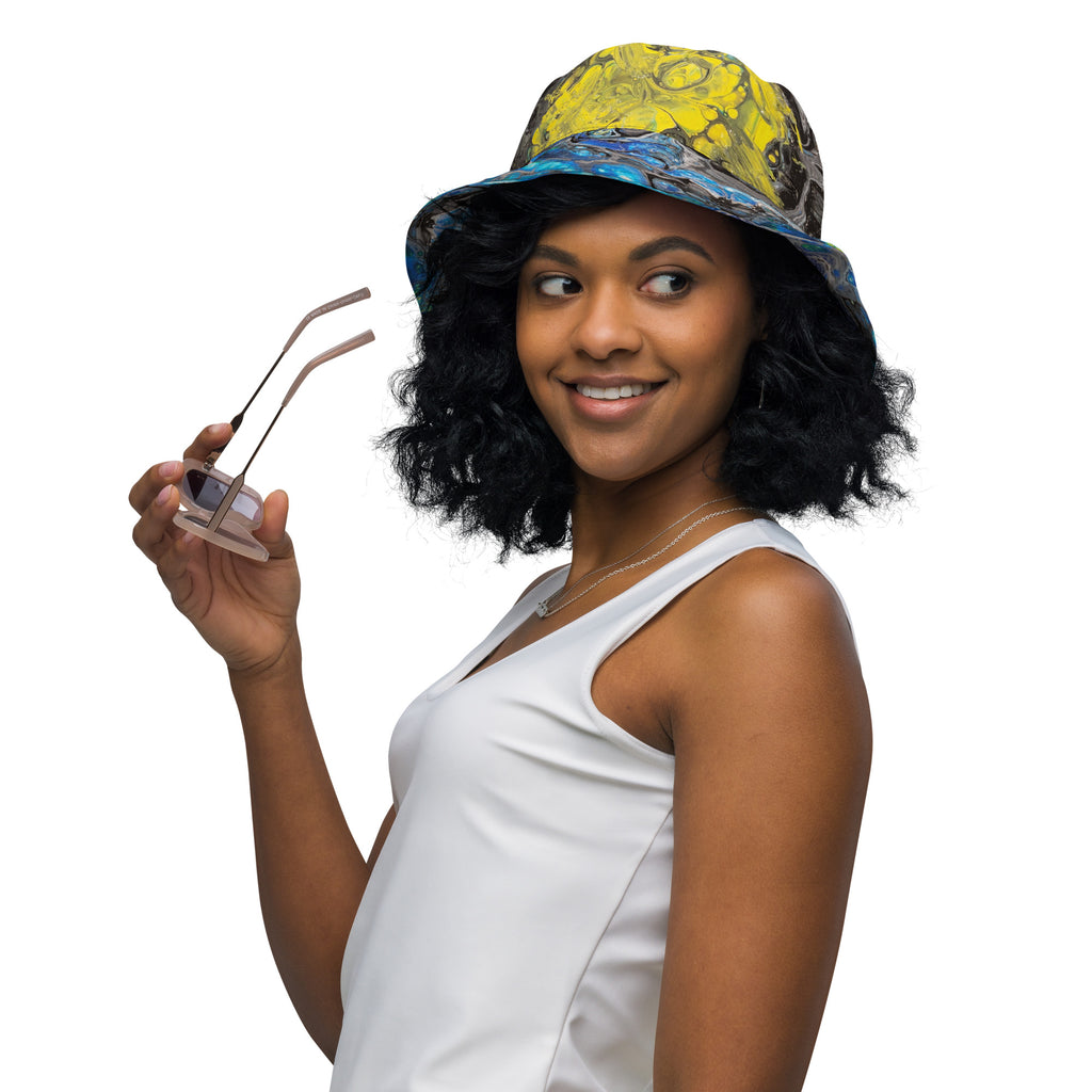 woman wearing a colorful bucket hat on a white background