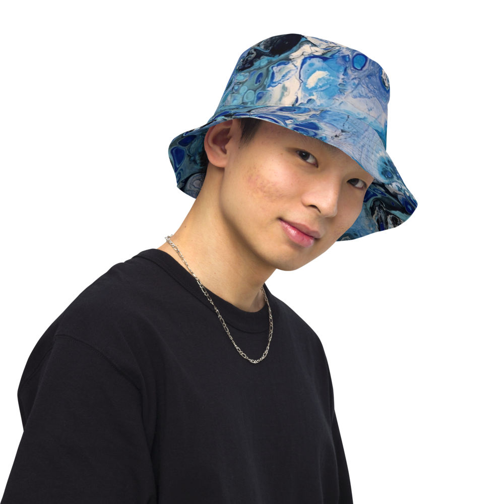 Person wearing a blue patterned bucket hat on a transparent background