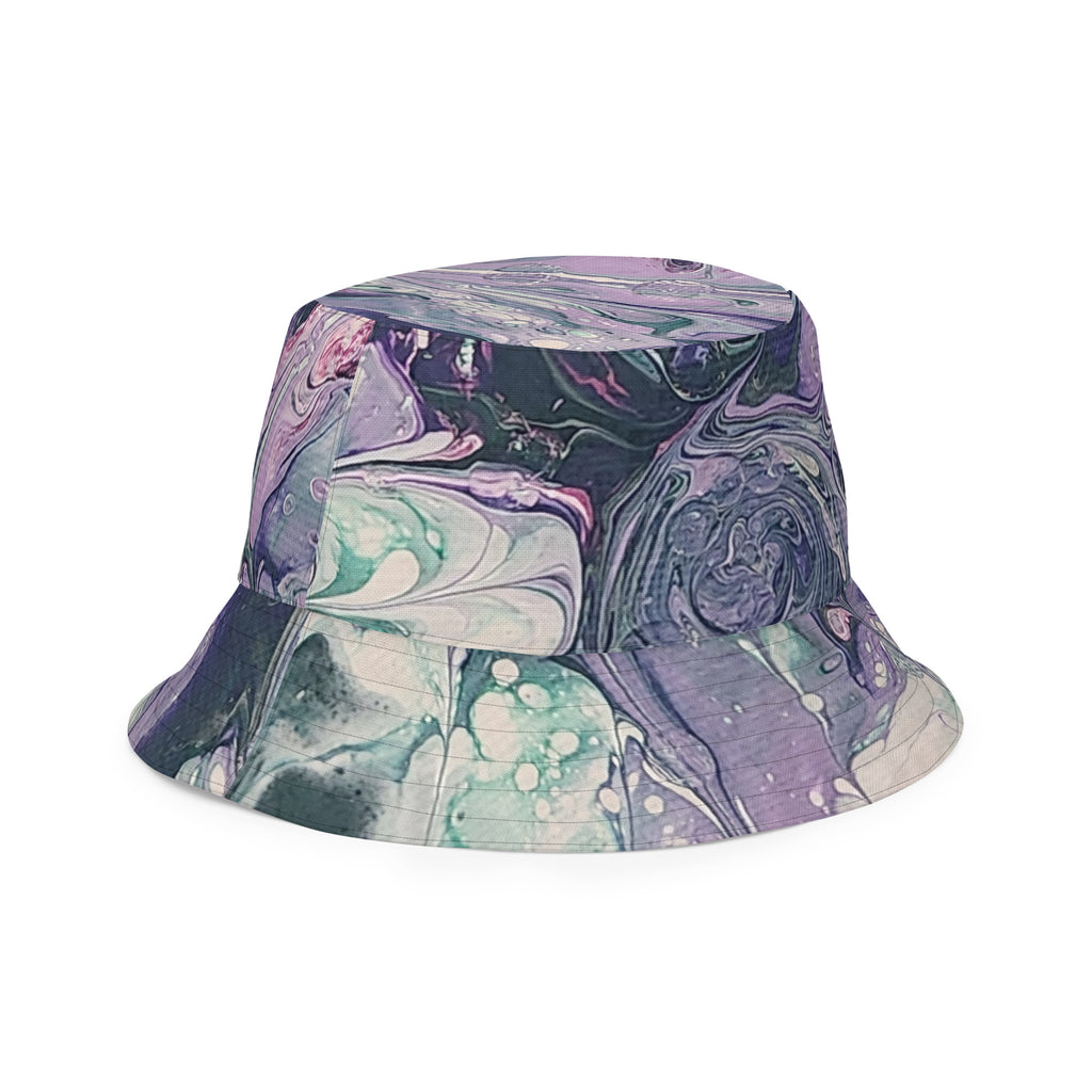 Marbled bucket hat with purple, green, and white pattern on a white background