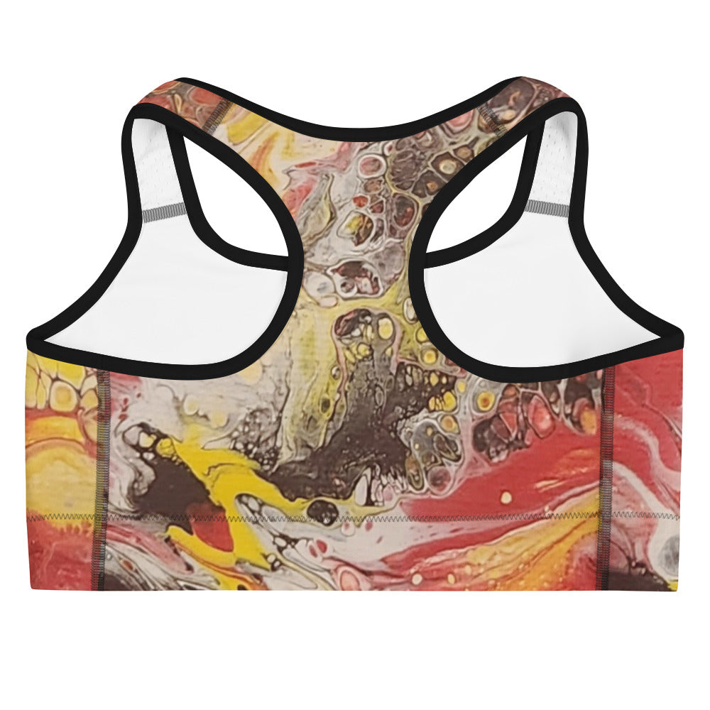 Colorful abstract design sports bra on a white background