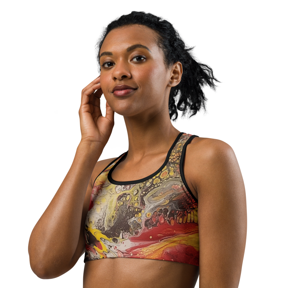 Woman wearing a colorful sports bra on a white background