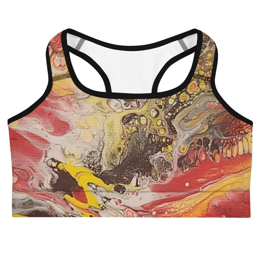 Sports bra with abstract design featuring skulls and flames on a white background