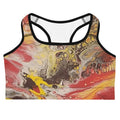 Sports bra with abstract design featuring skulls and flames on a white background