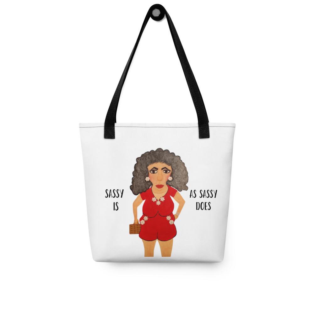 Tote bag with a cartoon character and text 'Sassy is as sassy does' on a white background