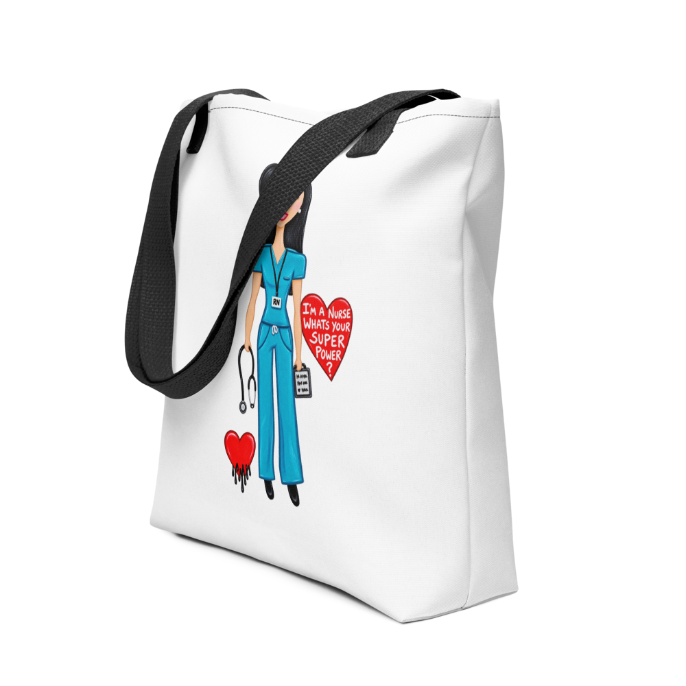 image of the sideview of a tote bag with a whimsical character nurse on a white background