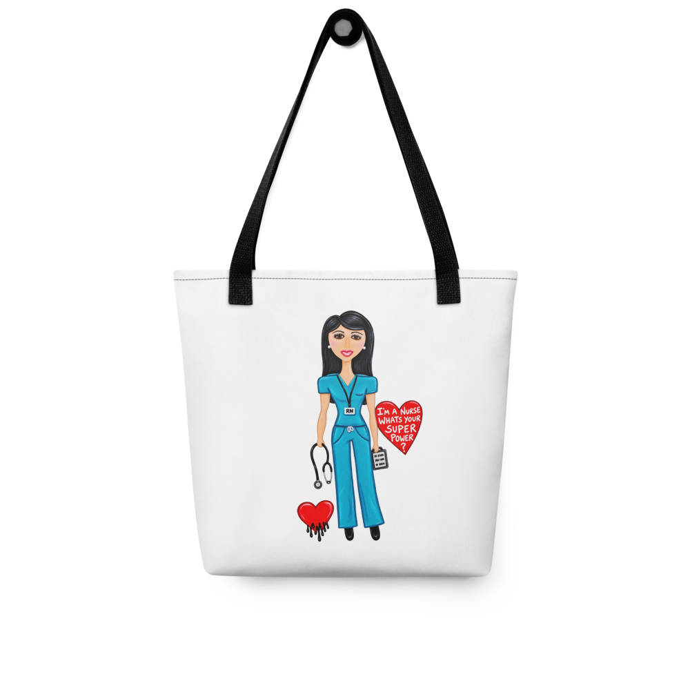 image of  a tote bag with a whimsical character nurse on a white background