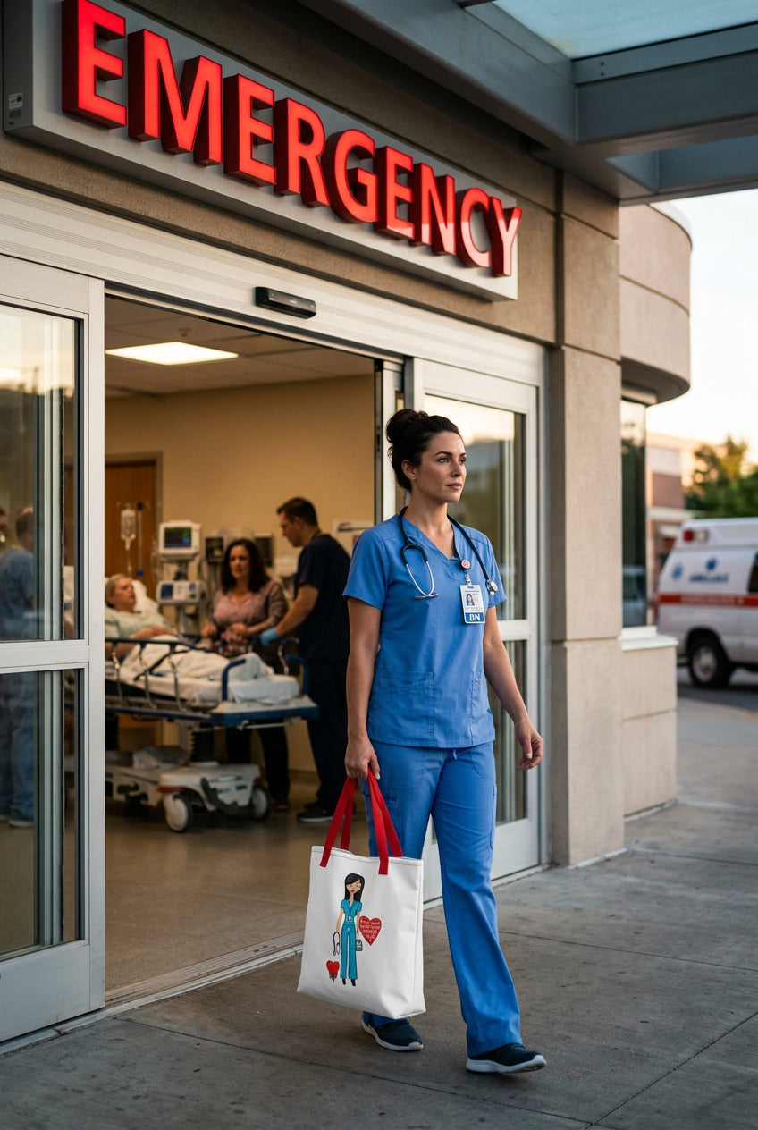 image of a female nurse carrying a tote bag with a whimsical character nurse exiting the er