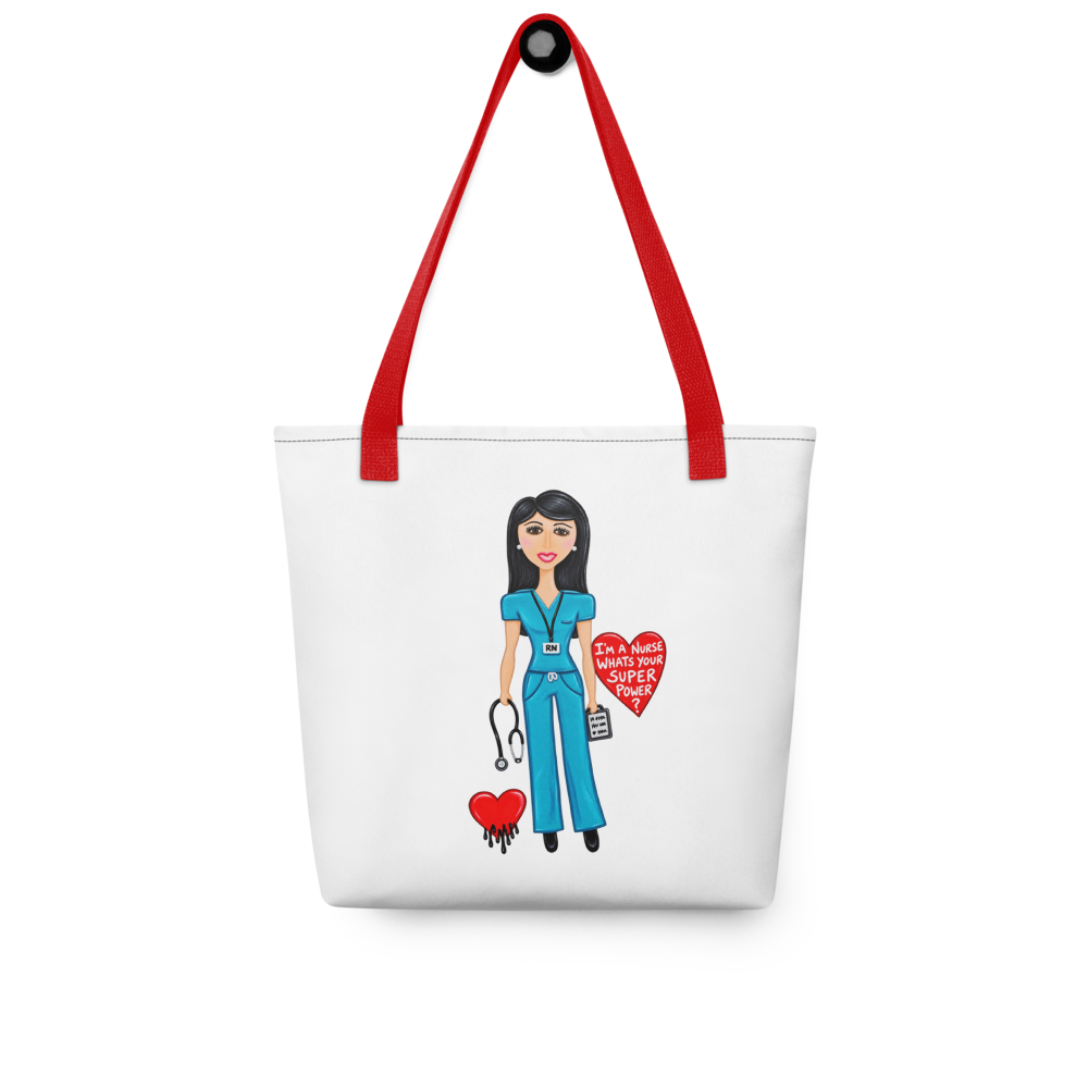 image of  a tote bag with a whimsical character nurse on a white background