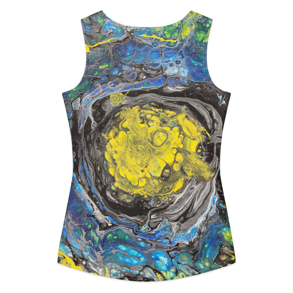 Sleeveless top with abstract design in blue, yellow, and black on a white background