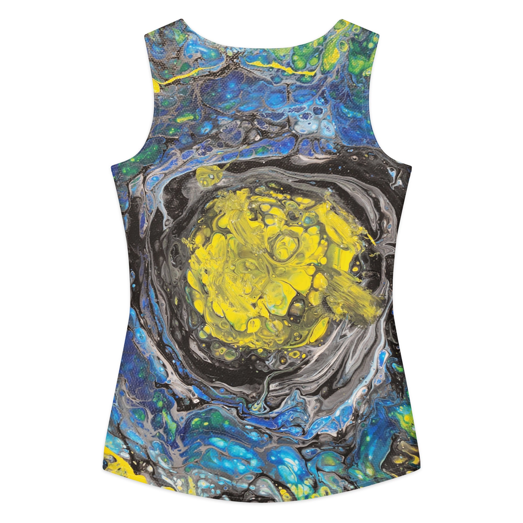 Sleeveless top with abstract design in blue, yellow, and black on a white background