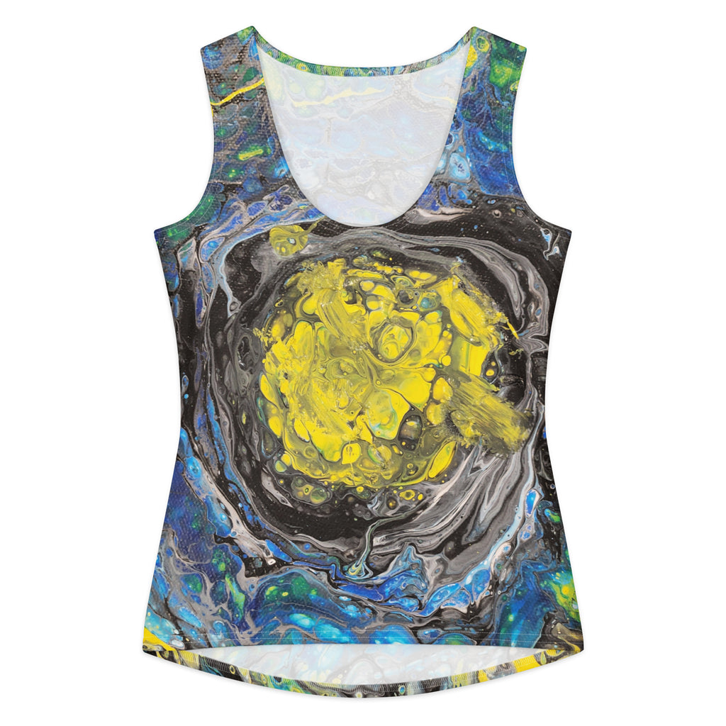 Tank top with abstract design featuring a yellow center and blue, green, and gray outer layers on a white background.