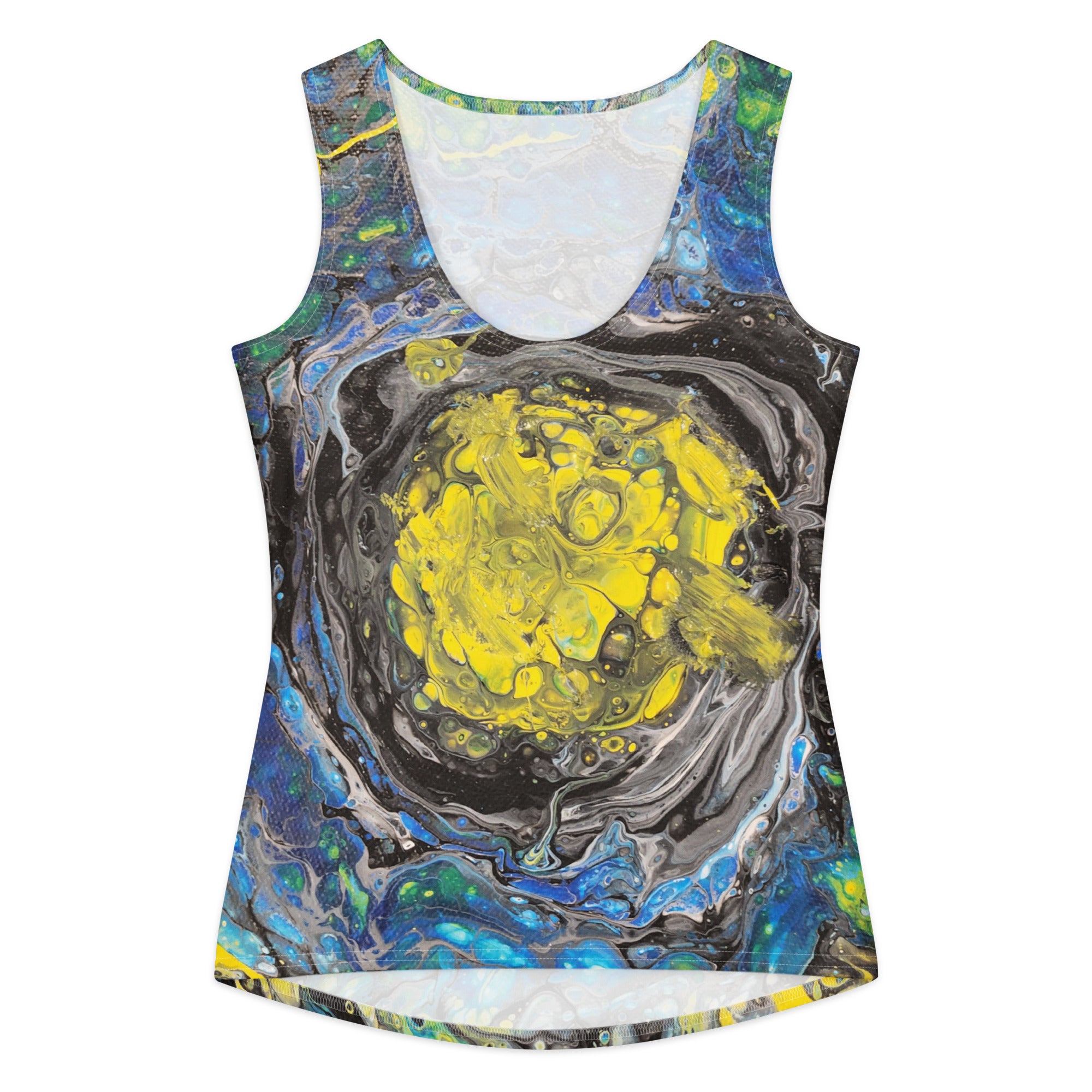 Tank top with abstract design featuring a yellow center and blue, green, and gray outer layers on a white background.