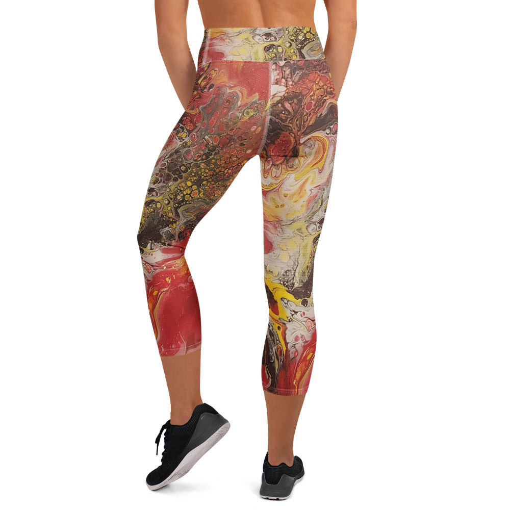 Colorful patterned leggings worn by a person on a white background