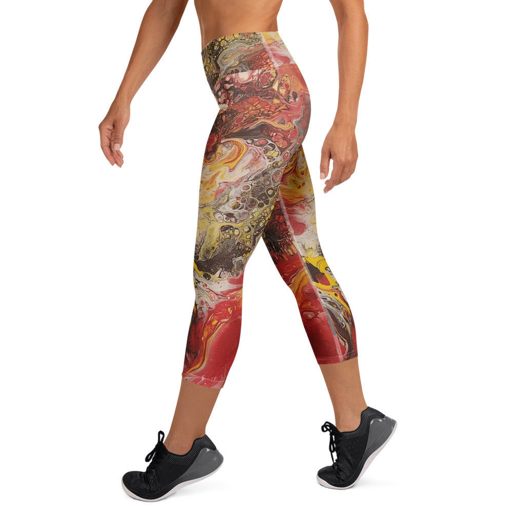 Colorful patterned leggings worn by a person on a white background