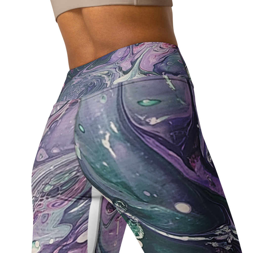 Marbled purple and green leggings on a white background